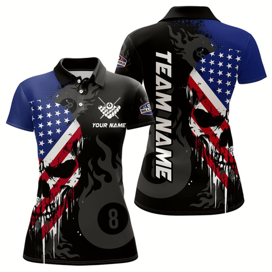 Goofygear Grunge American Flag Skull 8 Ball Pool Custom Women Billiard Shirts, Patriotic Billiard Team Jerseys