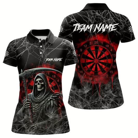 Goofygear Black And Red Smoke Grim Reaper Funny Dart Shirts For Women Custom Dart Jerseys, Darts Clothing