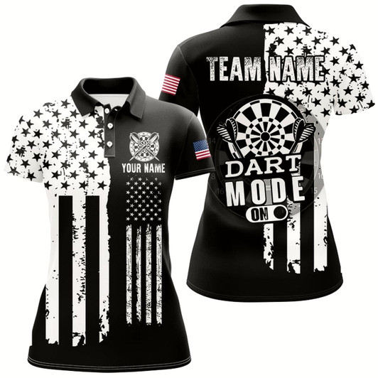 Goofygear Funny Darts Mode On Custom Black White American Flag Darts Shirts For Women, Patriotic Darts Jerseys