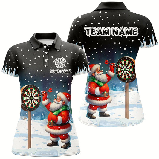 Goofygear Funny Santa Playing Darts Custom Snow Background Women Dart Shirts, Christmas Dart Jerseys Dart Gift