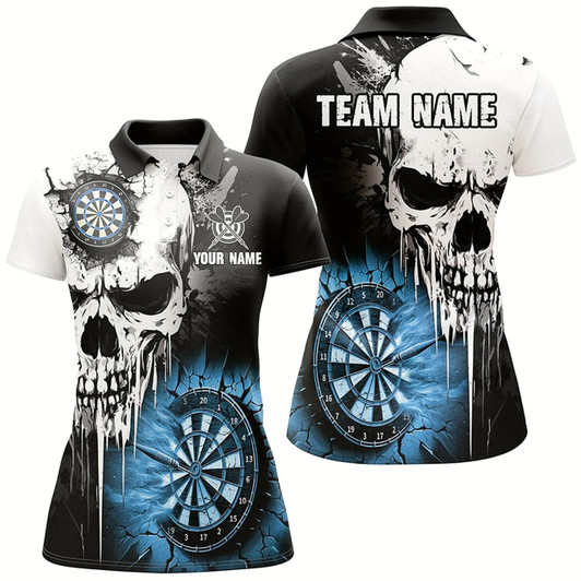 Goofygear Personalized Grunge Skull Crack Wall Women Dart Shirts Custom Scary Darts League Team Jerseys Blue