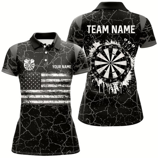 Goofygear Personalized Black White Retro Us Flag Patriotic Women Dart Shirts, Crack Pattern Grunge Dart Jerseys