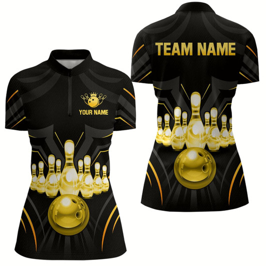 Goofygear Black And Gold Custom Name Bowling Jerseys For Women Bowling Team Shirts Bowling Pin And Ball