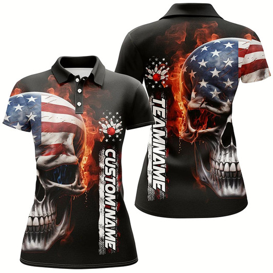 Goofygear Flame Skull American Flag Custom Women'S Team Bowling Shirts, Patriotic Bowling Shirt Style 1