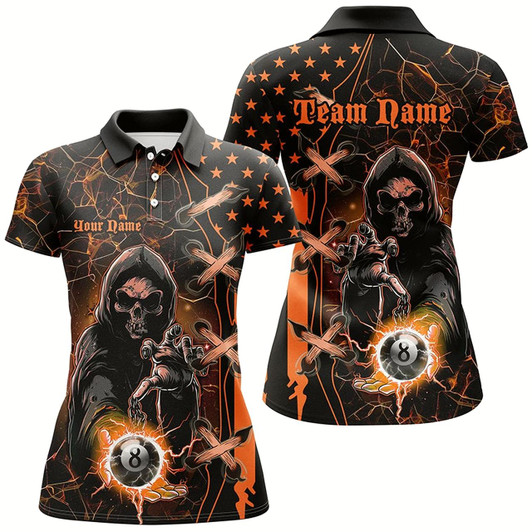 Goofygear Orange Death Skeleton Lightning Us Flag Billiard Shirts For Women, Scary Halloween Billiard Jerseys