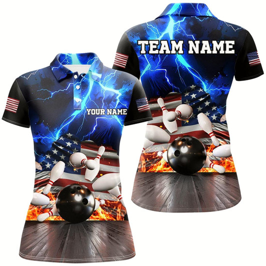 Goofygear Blue Lightning Thunder Storm American Flag Bowling Shirts For Women Custom Bowling Team League Jerseys