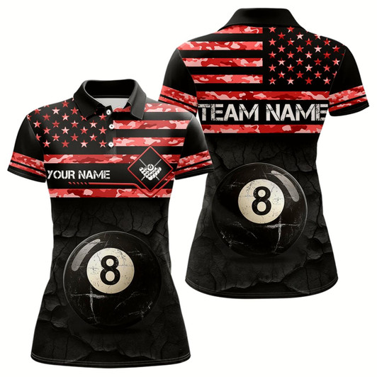 Goofygear Customized Retro 8 Ball Pool Red Camo Us Flag Billiard Shirts For Women, Patriotic Billiard Jerseys