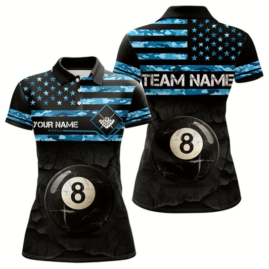 Goofygear Customized Retro 8 Ball Pool Blue Camo Us Flag Billiard Shirts For Women, Patriotic Billiard Jersey