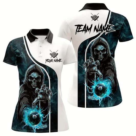 Goofygear Blue Cyan Death Skeleton 3D Billiard Shirts For Women Custom Lightning 8 Ball Pool Billiard Jerseys