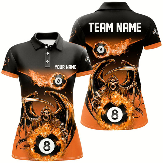 Goofygear Orange Death Skeleton Flame 8 Ball Pool Billiard Shirts For Women Custom Billiard League Team Jerseys