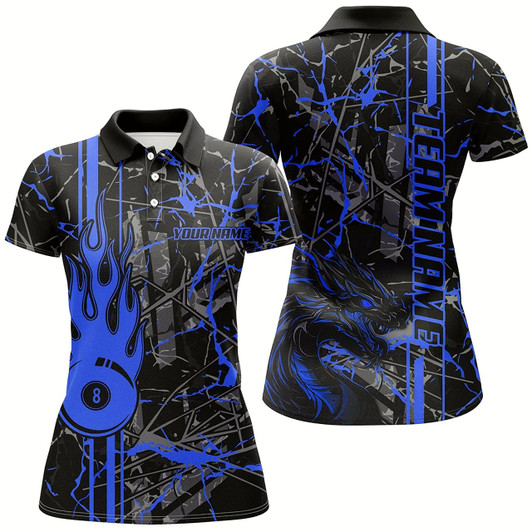 Goofygear Blue Grunge Billiard Jerseys For Women Custom Fire Flame 8 Ball Dragon Team League Billiard Shirts