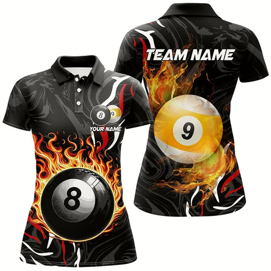 Goofygear Personalized 8 Ball & 9 Ball Fire Flame Women Billiard Shirts, 3D Billiard Jerseys For Team Pooler