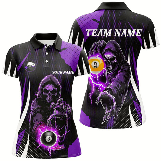Goofygear Funny Purple Death Skeleton 8 Ball & 9 Ball Billiard Shirts For Women Custom League Billiard Jerseys
