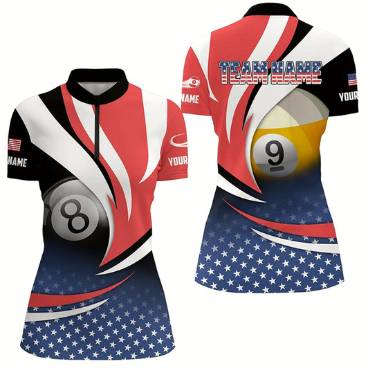 Goofygear 8 Ball & 9 Ball Pool Custom American Flag Billiard Shirts For Women, Patriotic Billiard Pool Jerseys