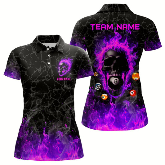 Goofygear Billiards 8 Ball Flame Skull Fire Custom Pool Shirts For Women, Unique League Billiard Jersey Purple