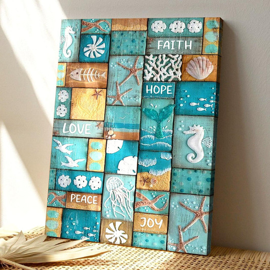 Marine Pattern Faith Hope Love Peace Canvas Wall Art Featuring Bible Verse And Scripture For Coastal Christian Decor