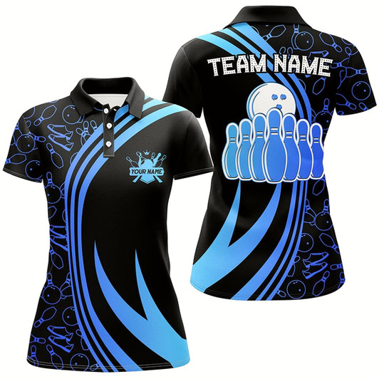 Goofygear Black Women Bowling Shirts Custom Blue Neon Team League Bowling Jerseys, Gifts For Bowlers