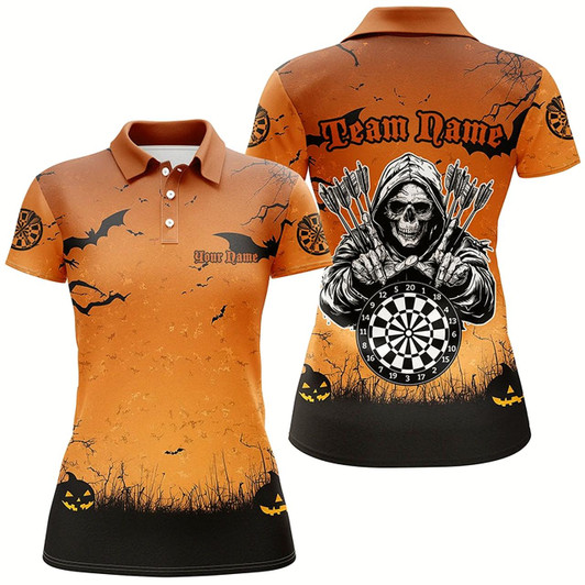 Goofygear Orange Halloween Spook Night Custom Women Dart Shirts, Scary Death Skeleton Halloween Darts Gift