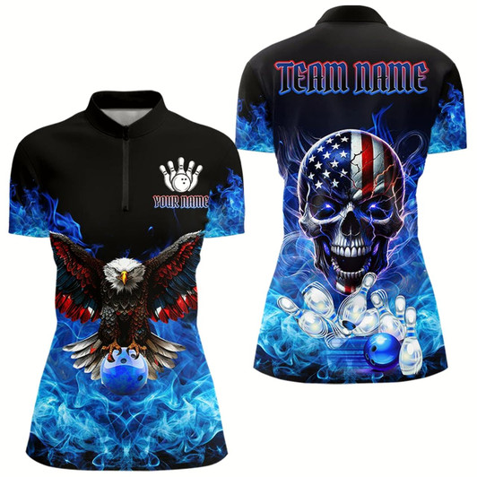 Goofygear Blue Flame Smoke American Flag Eagle Skull Women Bowling Shirts Custom Patriotic Bowling Team Jersey