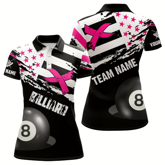 Goofygear Customized Billiard Breast Cancer Flag Shirts For Women, Black And Pink Ribbon 8 Ball Billiard Jersey