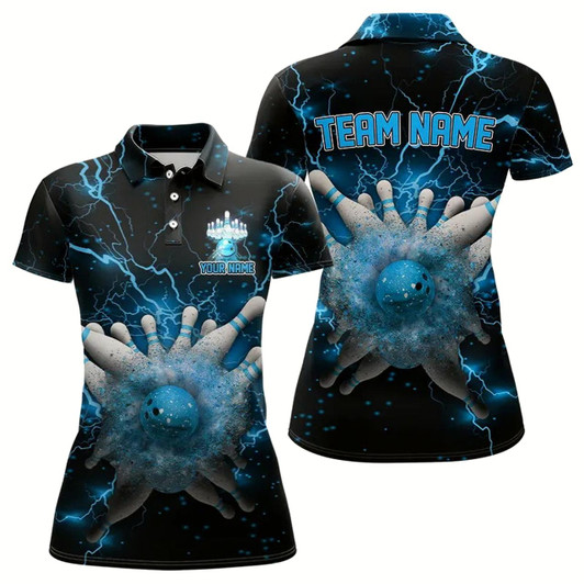 Goofygear Blue Lightning Thunder Bowling Shirts For Women Custom Team Bowling Jerseys, Gifts For Bowler