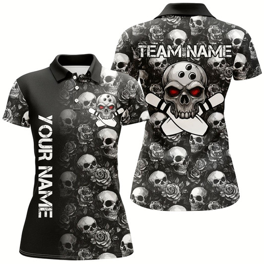 Goofygear Black Skull And Rose Pattern Bowling Shirts For Women Custom Skull Bowling Team League Jerseys