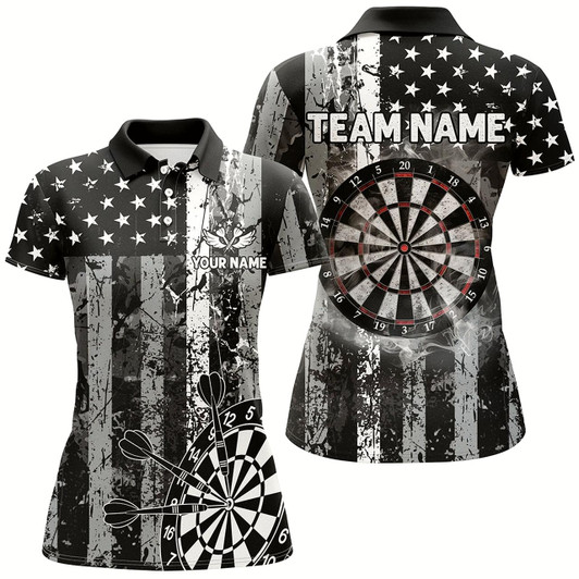 Goofygear Custom Black Grunge Us Flag Patriotic Dart Shirts For Women, Retro Darts Board Smoke Dart Team Jersey