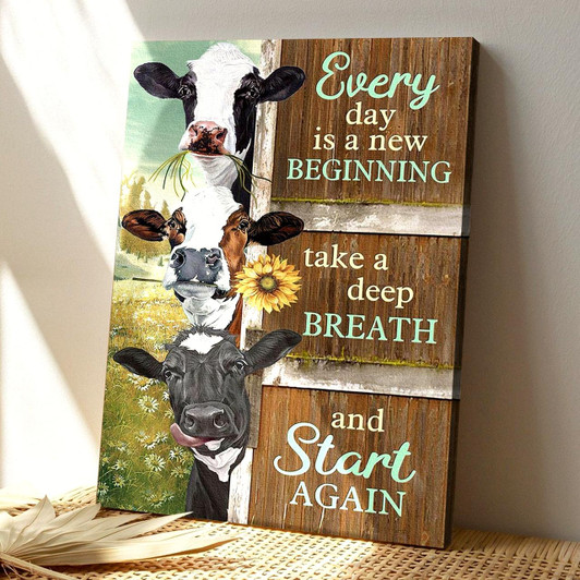 Cow On Farm Every Day Is A New Beginning Canvas Wall Art Featuring Scripture And Bible Verse For Rustic Faith Decor