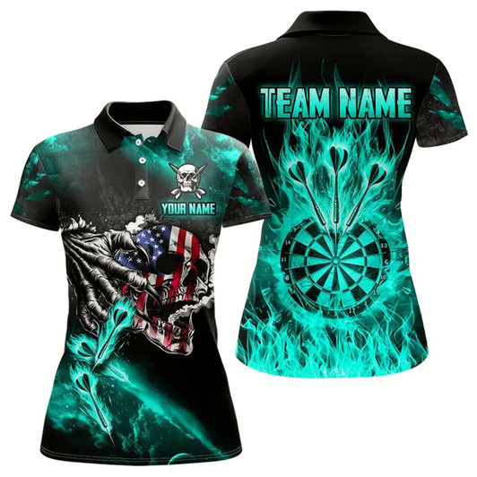 Goofygear Fire Flame Darts Board American Flag Skull Dart Shirts For Women Custom Darts Team Jerseys Turquoise