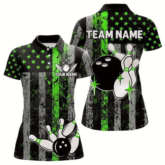 Goofygear Personalized Green Grunge American Flag Patriotic Bowling Shirts For Women Custom Bowling Team Jersey