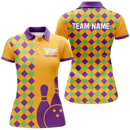 Goofygear Orange Purple Argyle Pattern Halloween Custom Bowling Shirts For Women, Bowling Team League Jerseys