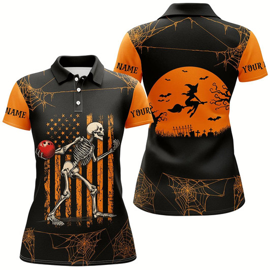 Goofygear Funny Black And Orange American Flag Halloween Skull Custom Women Bowling Shirts, Bowling Team Jerseys
