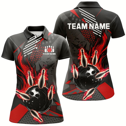 Goofygear Black And Red Women Bowling Shirts Custom Flame Bowling Team League Jerseys, Ladies Bowling Outfits