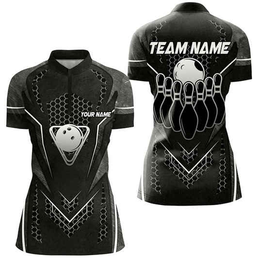 Goofygear Black Hexagon Pattern Bowling Ball And Pins Women Bowling Shirts Custom Team Bowling League Jerseys