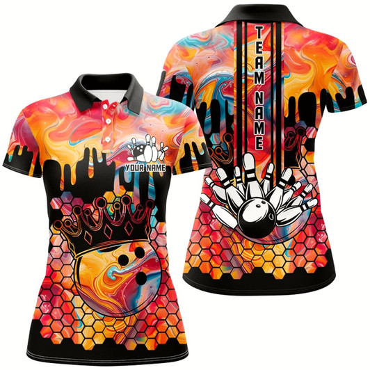 Goofygear Orange Hologram Pattern Bowling Shirts For Women Custom Team Bowling Jersey, Gift For Bowlers