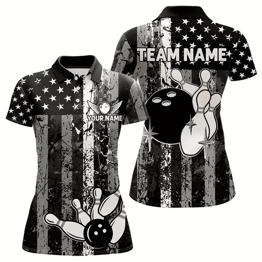 Goofygear Grey And Black Grunge American Flag Patriotic Bowling Shirts For Women Custom Bowling Team Jerseys