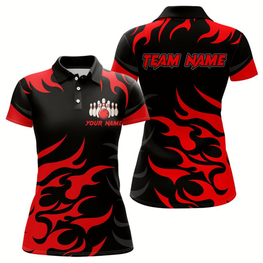 Goofygear Black And Red Flame Bowling Shirts For Women Custom Team Bowling Jerseys, Ladies Bowling Apparel