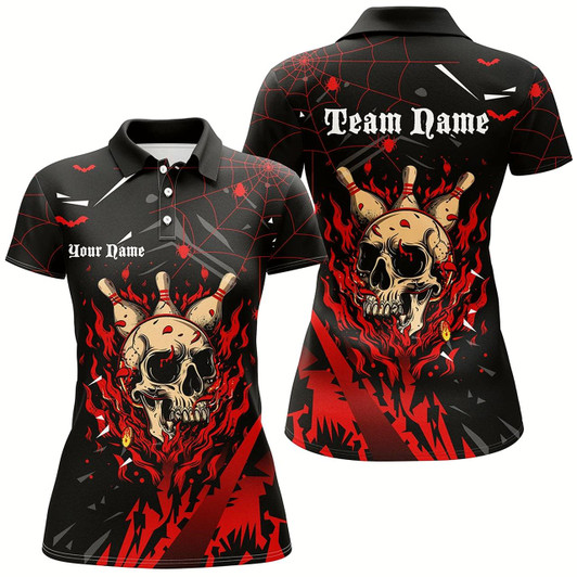 Goofygear Black And Red Flame Bowling Skull Custom Halloween Bowling Shirts For Women,Team Bowling Jerseys