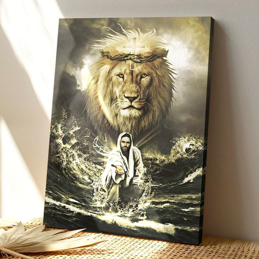 Jesus Reaching In The Water With Lion Canvas Wall Art Featuring Bible Verse And Scripture For Powerful Christian Decor