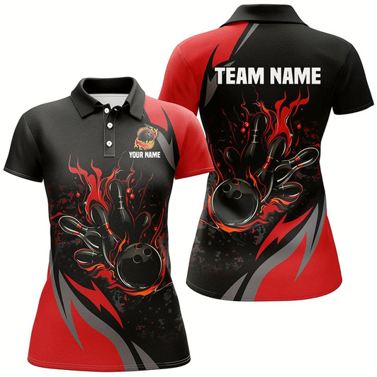 Goofygear Custom Black And Red Flame Bowling Shirts For Women, Bowling Ball And Pins Team Bowling League Jerseys