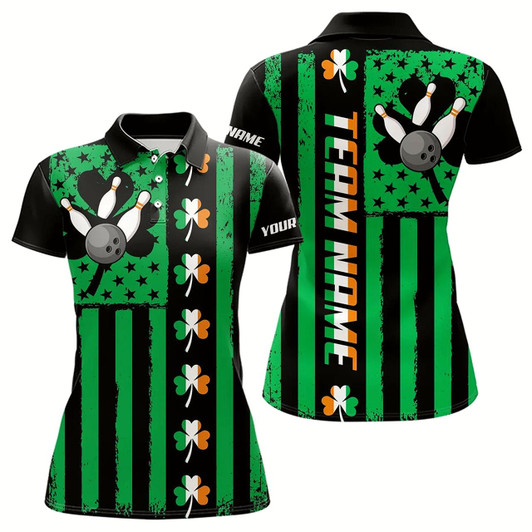 Goofygear Black And Green American Flag Irish Women Bowling Shirts Custom St Patrick Day Bowling Team Jersey