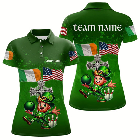 Goofygear Irish American Flags Green Shamrock Bowling Shirts For Women Custom St Patrick Day Team Bowling Jersey