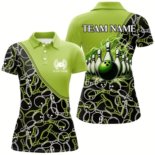 Goofygear Bowling Shirts For Women Custom Name, Team Name Green Camo Bowling Ball And Pins, Team Bowling Jerseys