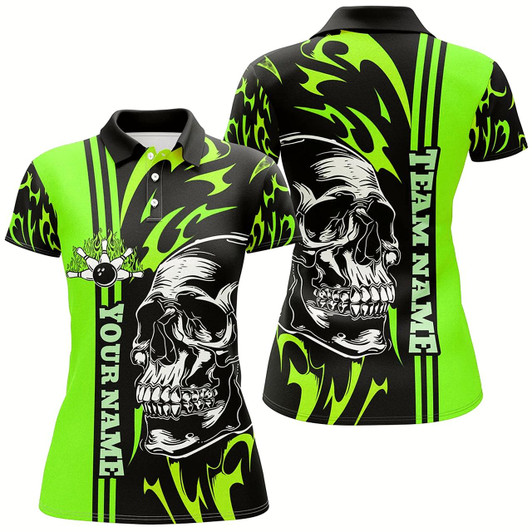 Goofygear Bowling Shirts For Women Custom Black And Green Flame Skull Bowling Ball And Pins Team League Jerseys