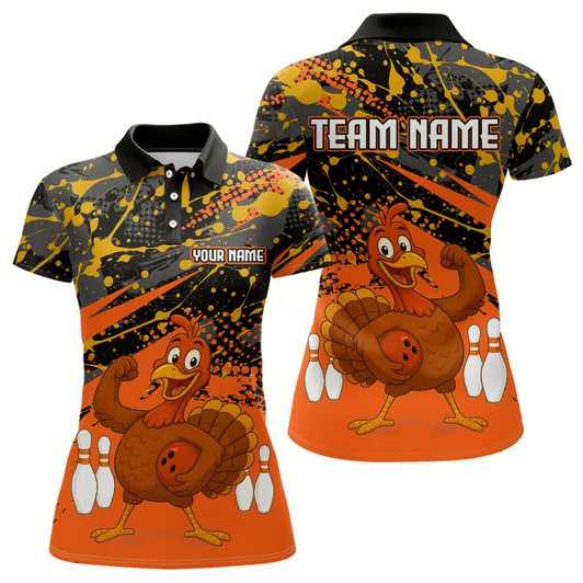 Goofygear Orange Funny Turkey Bowling Team Shirt For Women Bowling Jersey Thanksgiving Bowling Outfit