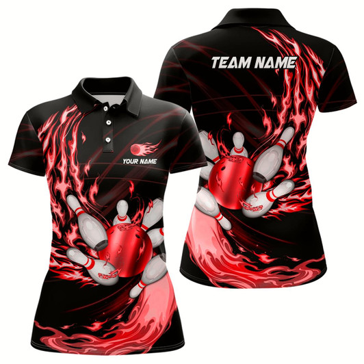 Goofygear Black Womens Bowling Shirts Custom Red Flame Bowling Ball And Pins Team League Bowler Jerseys