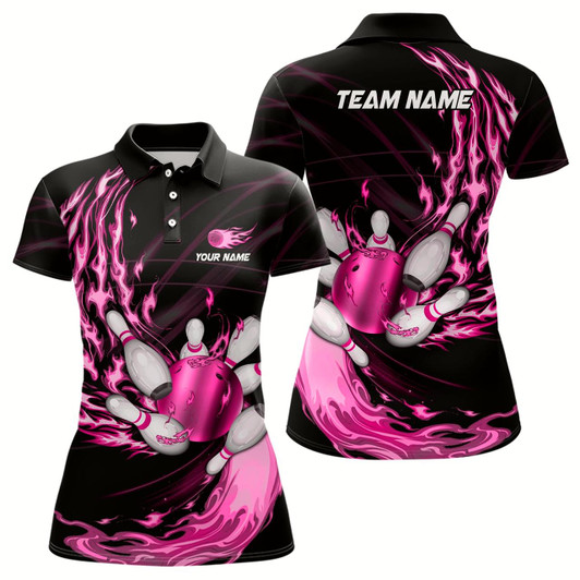 Goofygear Black Womens Bowling Shirts Custom Pink Flame Bowling Ball And Pins Team League Bowler Jerseys