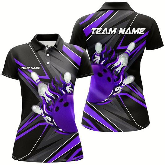 Goofygear Black And Purple Womens Bowling Shirts Custom Bowling Ball And Pins Flame Bowling Jerseys For Bowlers