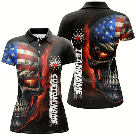 Goofygear Flame Skull American Flag Custom Women'S Team Bowling Shirts, Patriotic Bowling Jerseys