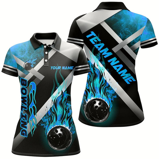 Goofygear Women Bowling Shirts Custom Black Bowling Ball Flame Bowling Team Jerseys, Gift For Bowlers Blue